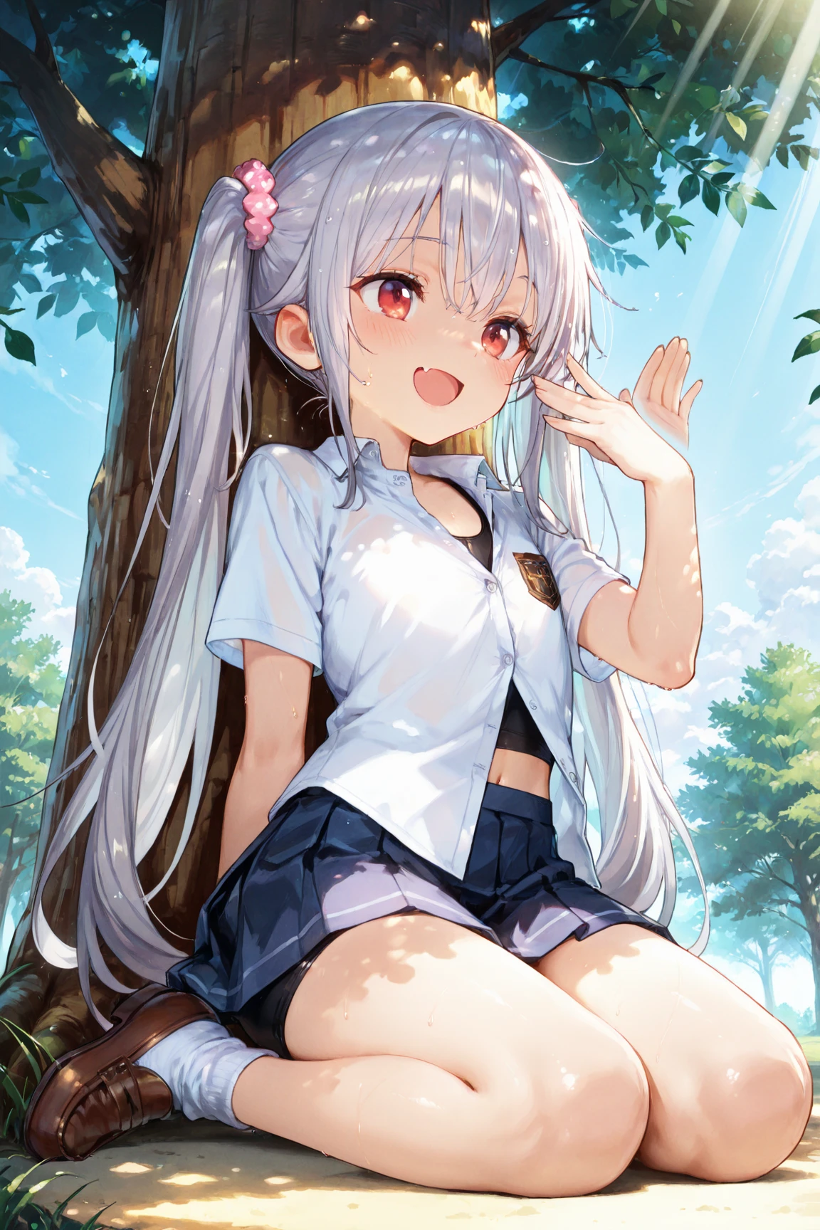 masterpiece, best quality, ultra-detailed, kokonarnd, smile, blush, outdoors, day, simple background, blue sky, sky, looking at viewer, moody lighting, facing viewer, <lora:kokona1:1>, full body, sneakers, gym uniform, white shirt, buruma,