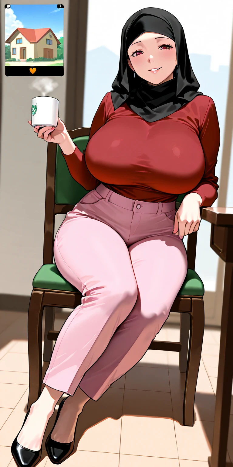 Book, (Full body:1.1)(Big breasts:1.2),smiling, flirty, cute Sfw, pink hair, short hair, fluffy hair, sweater, jeans, library sitting at table, wooden table, wooden chair, tablecloth, tea , looking at viewer, 