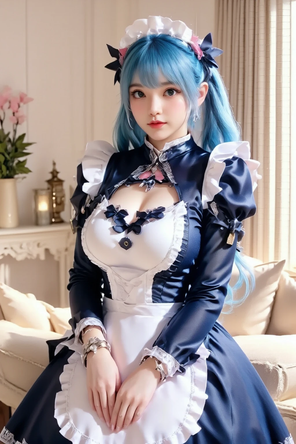 Beautiful girl dressed as a convent sister、While having a humble and modest atmosphere,、It's full of beauty。Her white hair is hidden in a hood、Blue eyes represent cleanliness and purity。Her dress is innocent white、Although it is a discreet design that wraps around the body、A subtle silhouette complements her charm。She is in a quiet monastery、It harmonizes inner beauty with external attraction。