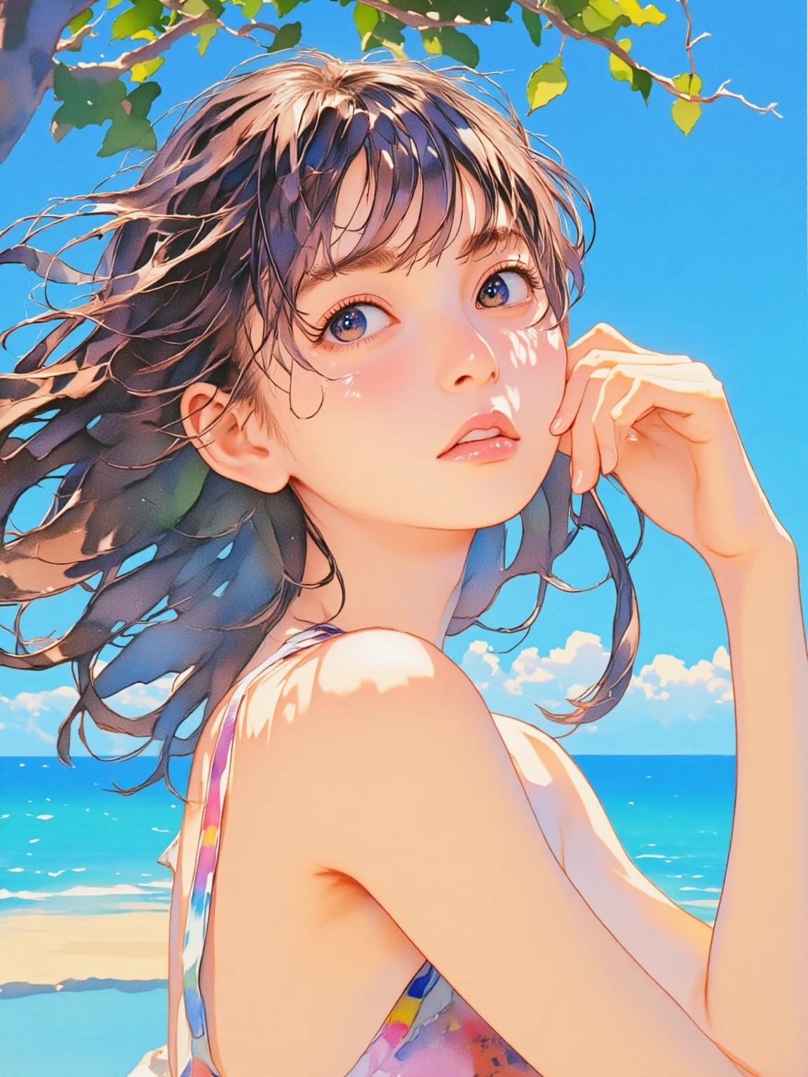 Antonio Lopez、Chuck Close、Ron Mueck、Richard Estes、Inspired by Marilyn Minter's technique、Surreal portrait of Japan middle school student wearing white off-the-shoulder bikini on the beach in Palau。