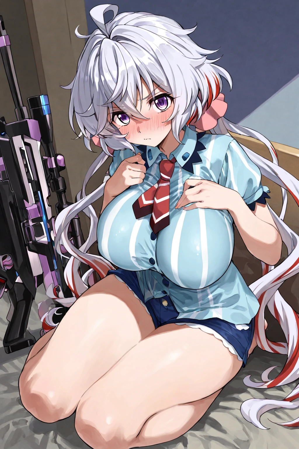 1girl huge large breasts，Red eyes，Twist braids， white  hair， Nurse outfit，Bend over，temptress，Get wet，wet light clothes，messy outfit