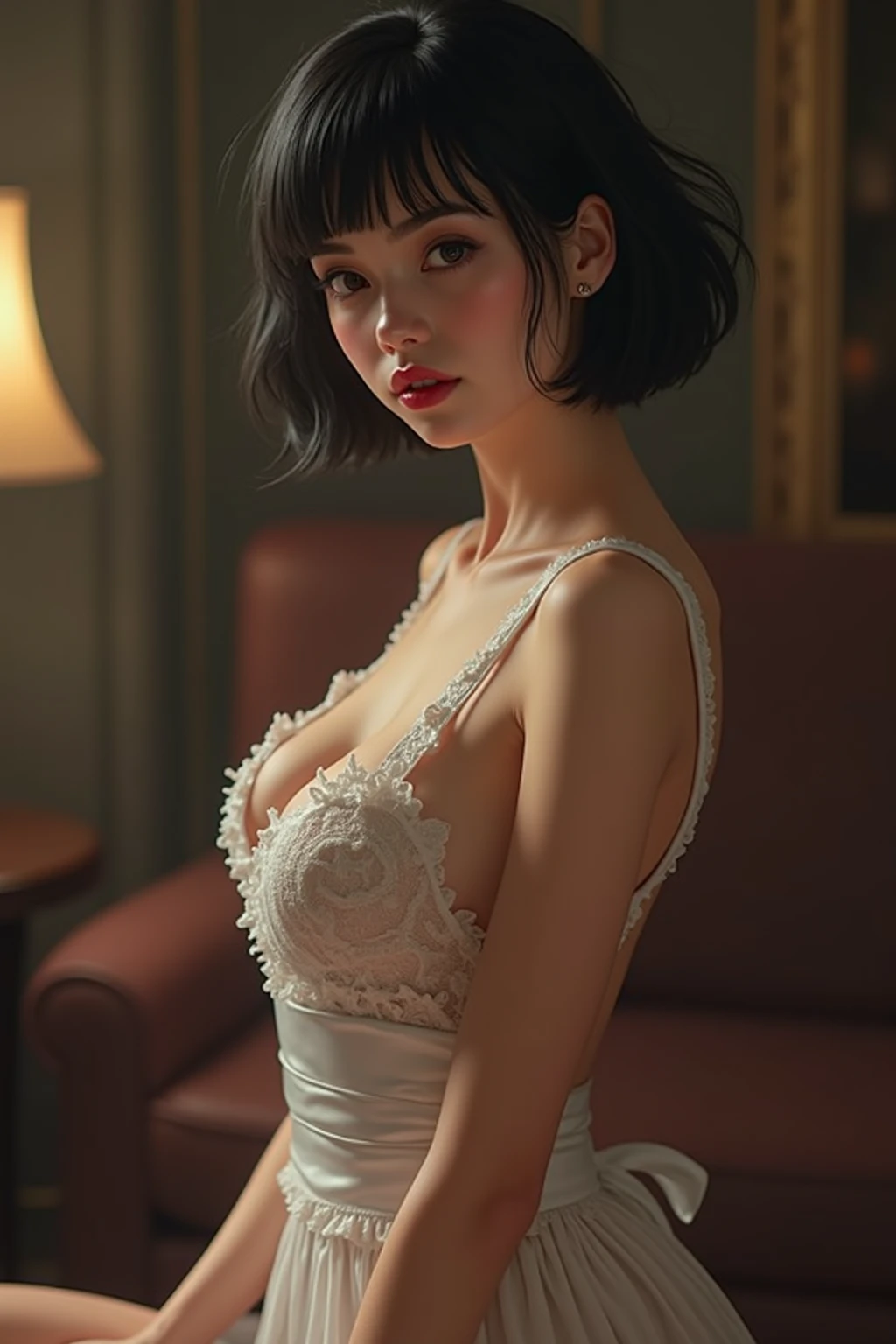(shoulder length straight short black hair:0.9), （Extremely meticulous CG 8k wallpaper），（Extremely refined and beautiful），（Masterpiece），（best qualtiy：1.0），（Ultra High Resolution：1.0），beautiful light up，Perfect lightning，realistic shaded，[A high resolution]，Smooth and flawless fair skin，Extremely exquisite facial details,(perfect body:1.1），ultra - detailed,A beautiful girl,small head,(Small breasts:1.1),Flat chests,slim,thin,Smile,cheerfulness,(Gorgeous beige lace princess lolita pajama dress:1.3),(high heels:1.3),(on castle tower:1.5),(in bedroom:1.5),(halloween night:1.3),night scene,(pumpkin:1.3),(many bats flying in air:1.2),Portrait photo,(from front:1.5),(cowboy shot:1.2),(close-up of upper body:1.3),standing