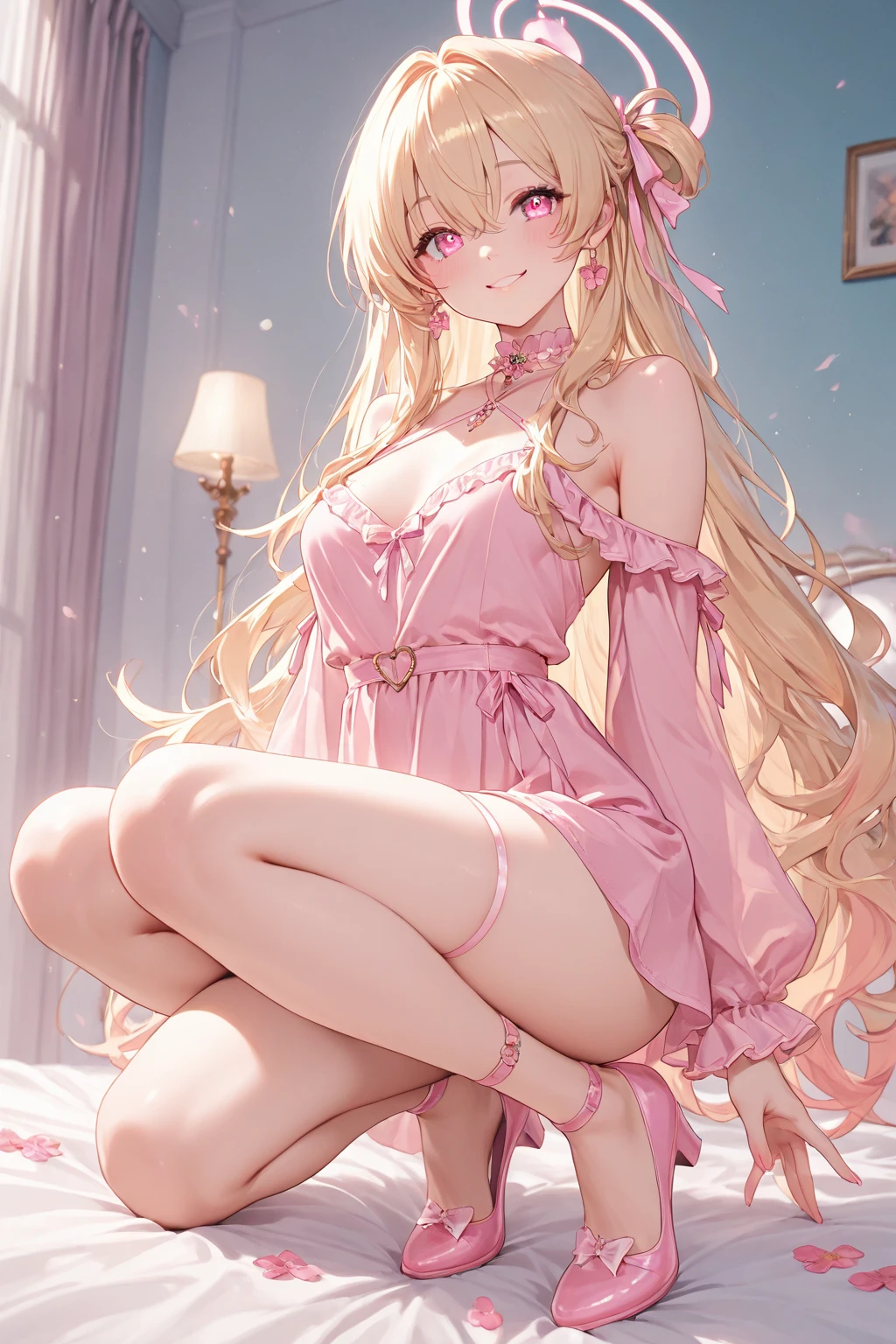 bare breasts、(satin、silk、(Pink Panties))、Highest quality, Super Fine, 16K, Incredibly absurd, Very detailed, Beautiful and cute woman, shy, Big, bright eyes, Blonde double-sided princess hairstyle, Princess-like pink ruffled long flare skirt dress, Simple color background