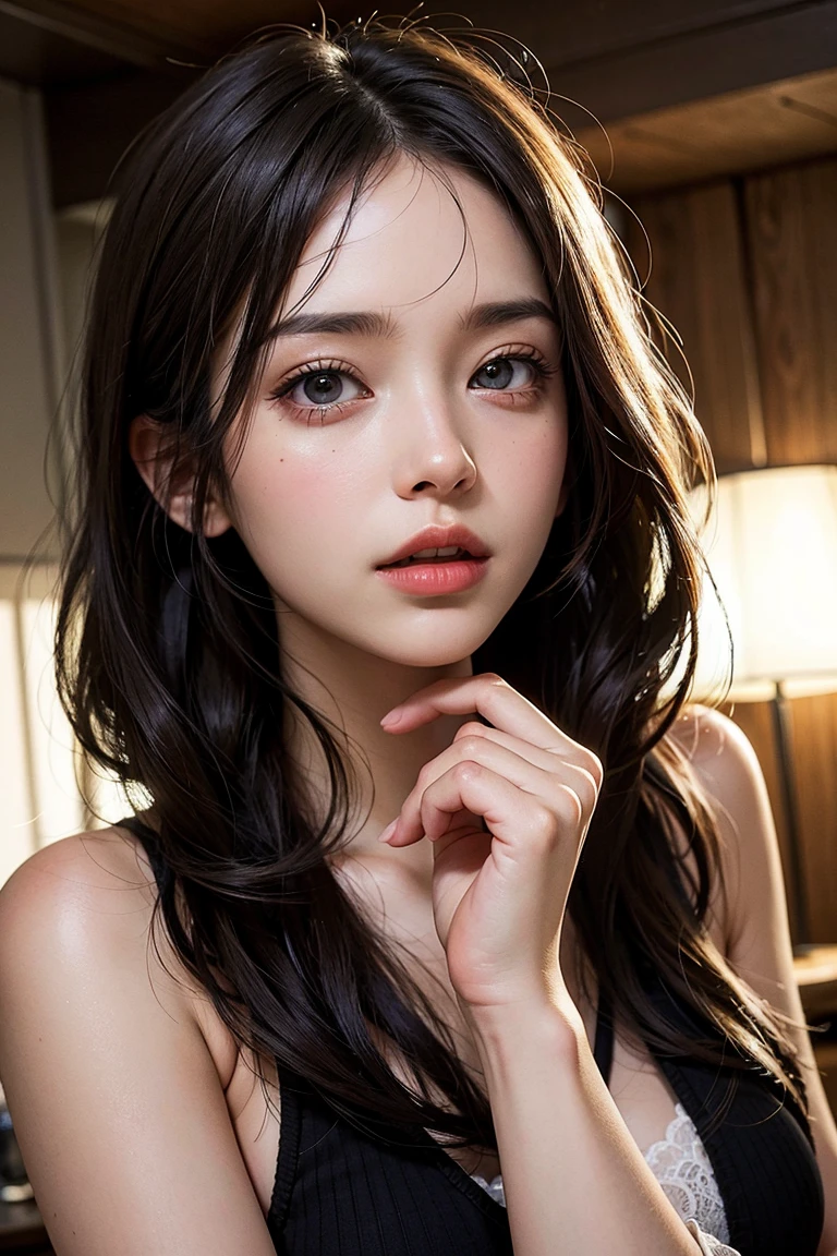 Top quality, ultra high resolution, (photorealistic: 1.4), 1 girl, (black hair: 1), (small breasts: 1.6), looking at viewer, close-up, in the room, centering on breasts, showing breasts, shirt up to neck