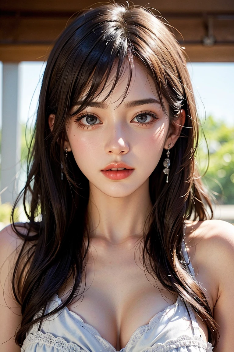 wears、(photoRealstic:1.4)、(hyper realisitc:1.4)、(reallistic:1.3)、(Smooth lighting:1.05)、(Improved cinematic lighting quality:0.9)、32K、1girl in、Japan women、Realistic lighting、back Lighting、Facial Lights、Ray tracing、The upper part of the body、(brightened light:1.2)、(Quality improvement:1.4)、(Realistic textured skin of the highest quality:1.4)、Fine Detailed Eyes、A detailed face、Fine quality eye、Brown eyes、(Moist pale pink lips moist and reflecting light)、(Tired, Sleepy and Satisfied: 0.0)、Mint green floral silk blouse、Ruffles and lace、ribbon ties with thin strings、Dark brown hair、She wears shorts, Manicured bangs on the forehead.、shairband、one adult woman with a faint smile、(white backgrounid)