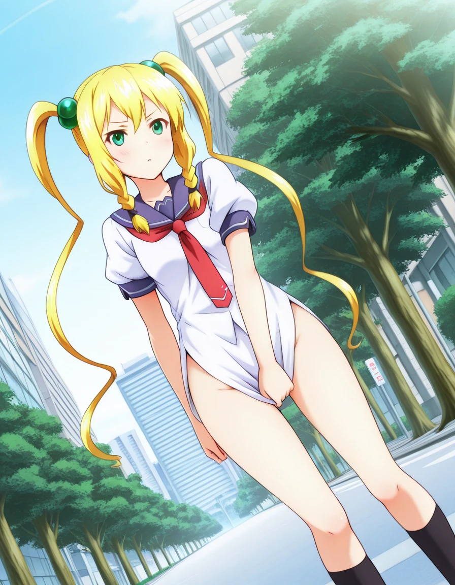 nsfw , Fate Testarossa , lyrical nanoha , (((highres official art))) , (((1girl))) , (((solo))) , (((mostly nude))) , (((blondehair))) , (((twintails))) , (((black ribbon))) , masterpiece, best quality, highres, 12yo,.lawson uniform, employee uniform, shirt, name tag, short sleeves, striped shirt, striped, vertical-striped shirt, blue shirt, vertical stripes, alternate costume,(((lift skirt))), (((skirt hold))) , (((black thong))) , solo,
