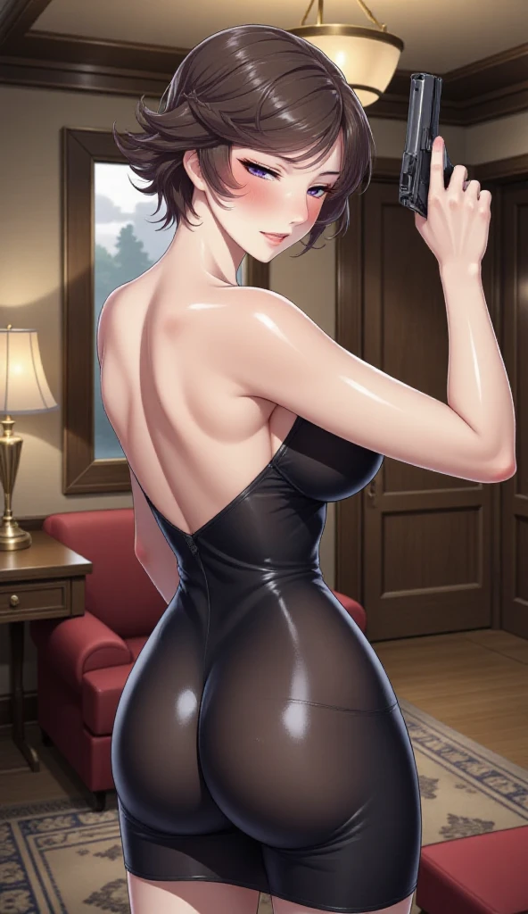 、(masterpiece、Highest quality)、Highest quality, Ultra-high resolution, (((masterpiece))), alone, Big eyes, Shortcuts、Bronze colored hair、Cut the back hair short、Bathroom、 Expose、Completely naked、short hair、Big Ass、