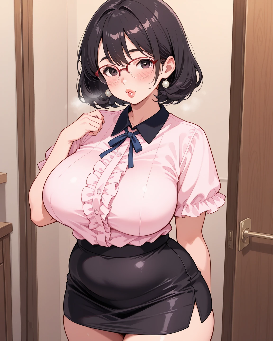 { - anatomy error} (Masterpiece - Ultra-detailed, very high resolution) (huge titusty, masterpiece, absurdres, hinata\(boruto\), 1girl, solo,mature female, lilac turtleneck blouse, high waist black long skirt, looking at viewelling petals), perfect composition, detailed lips, big breast, beautiful face, body propotion, blush, (pink lips), short hair, (black hair), purple eyes, soft gaze, super realistic, detailed, photoshoot, realistic face and body, closed mouth, walking on the floor , lilac eyes, full body, ridden hands, perfect fingers