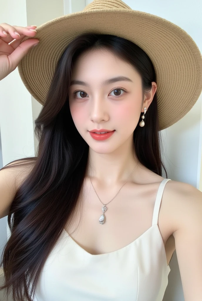 22-year-old girl, with gray eyes, pale white skin, slim figure, smiling, black hair, fashionable, photo taken with an ultra-realistic professional camera, she is in a temple to a cult