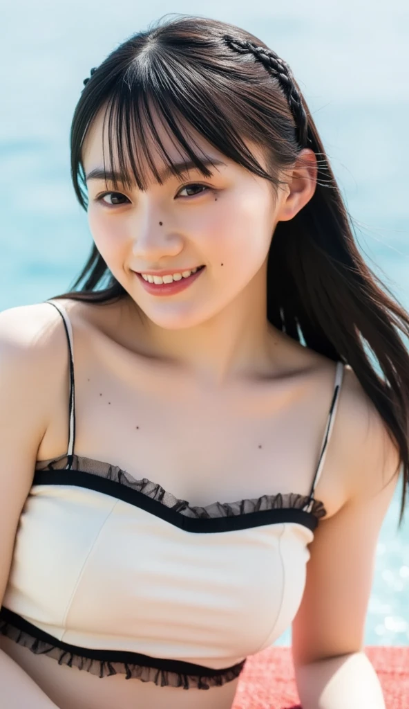 a woman,1 girl,black hair, hair bobbles, longeyelashes, solid circle eyes, light smile, mole under eye, piercing, light smile, shy, puckered lips, Surrealism, drop shadow, stereogram, pov, atmospheric perspective, depth of field, first-person view, f/1.8, 8k, super detail, ccurate, best quality, highres, best quality,full body,professional lighting,moonlight,evening,beach,necklace,race queen