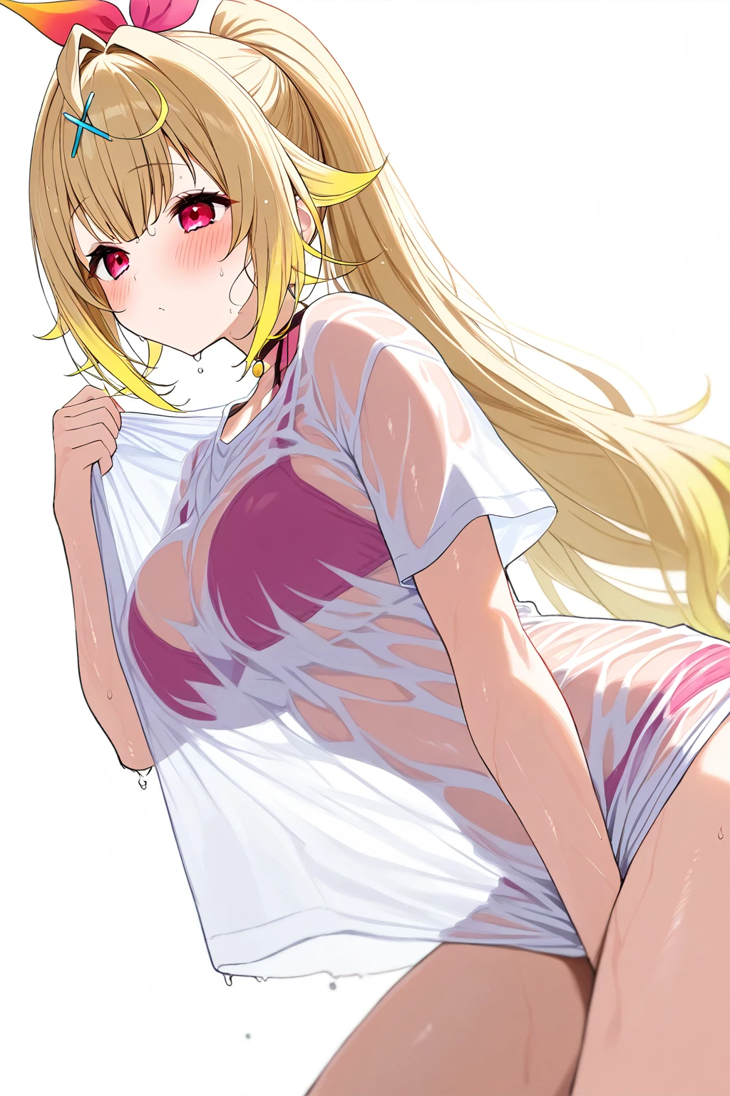 Kentaro Yabuki, love〜fart, ore_9, score_8_superior, score_7_superior BREAK ヤミ風髪留め
konjiki no yami, Red eyes, Blonde, Hair Intake, Long Hair,  View your viewers, I feel,PortraitLegsOpen,Nurse uniform,Panties fully visible as you peer down, clothes lift,M-shaped sitting