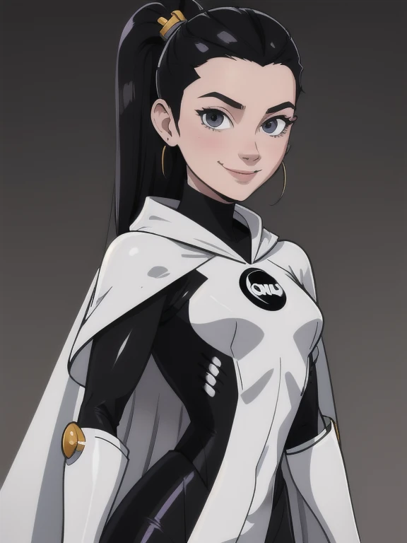 8k,highres,absurdres,masterpiece,best quality,original,extremely detailed CG,extremely detailed wallpaper,perfect, Phantom girl, Tinya Wazzo, solo, girl1, long black hair, . grey eyes, smile, grey lips, belt, white cape, white gloves, best quality, masterpiece, cowboy shot, park, forest 