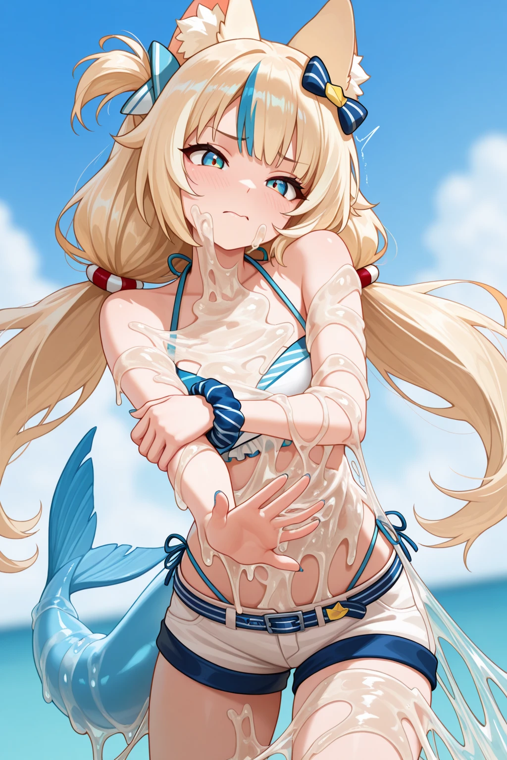 1girl, 独奏, GBF Cagliostr ,Cagliostro, long hair, blonde hair ,purple eyes, eyelashes, crown,, empty eyes, large breasts, nipple, Walking, Airship, frozen, Wet, crying, Naked, (1girl) Blank look, Peeing, lactation, projectile lactation