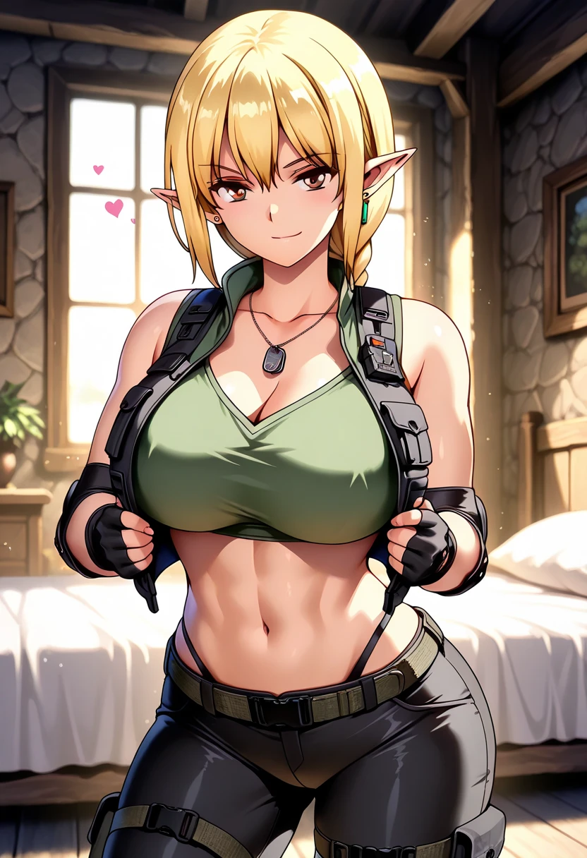 erufuda, <lora:erufuda manga-lora-nochekaiser:1>,
erufuda, short hair, pointy ears, elf, blonde hair, (green eyes:1.5), braid,
BREAK shirt, navel, short sleeves, midriff, pants, t-shirt, plump, belly,
BREAK indoors,
BREAK looking at viewer, (cowboy shot:1.5),
BREAK <lyco:GoodHands-beta2:1>, (masterpiece:1.2), best quality, high resolution, unity 8k wallpaper, (illustration:0.8), (beautiful detailed eyes:1.6), extremely detailed face, perfect lighting, extremely detailed CG, (perfect hands, perfect anatomy),