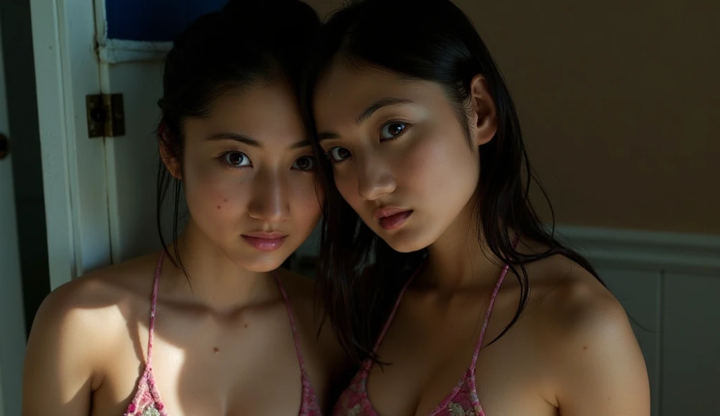 A 20-year-old girl meets her own clone。beautiful love、Lesbian、Dark Room、Cinematic lighting、close、With a smile、((masterpiece))