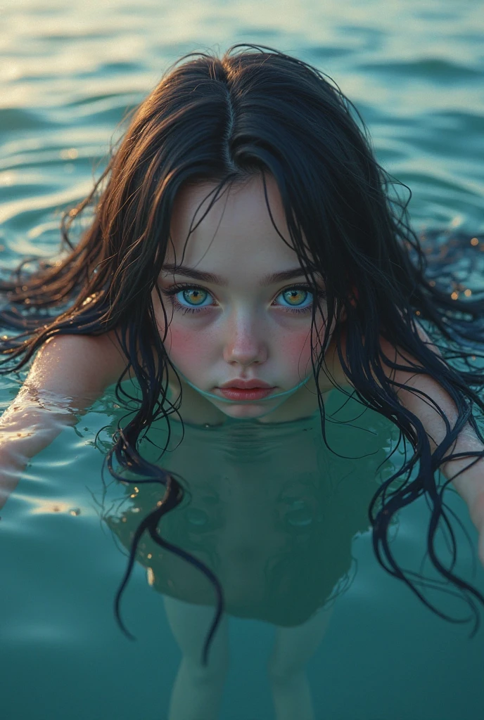 Mermaid with round face shape, fox eyes, big eyelashes and black eyes, curly hair below the shoulder with black and light brown highlights, mesmerizing beauty