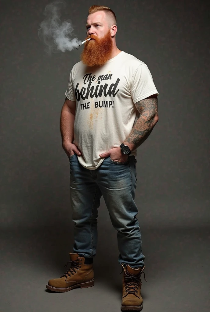 Strong and hairy red-haired man in underwear posing in white underwear with “MOCANO” written in large capital letters on the elastic of his underwear.