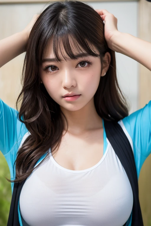 Tabletop, Highest quality, Photorealistic, In detail, High resolution, 8k wallpaper, Perfect dynamic composition, Beautiful attention to detail, Medium short wavy hair,Grey training wear、Sweaty body、Breast bulge、Yoga poses、Beautiful armpits、Laughter、Blurred feeling、nature、Wooden floor、20-year-old、(Droopy Eyes 1.3)、Adult Beauty、Japanese、Highly detailed fingers, 1 girl