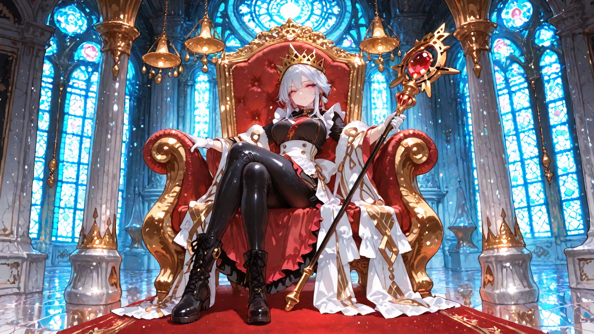 The king sitting on a throne in the center of the city of Grasse，The throne is a place set with diamond gemstones，Gorgeous，splendid，Be intimidating，Gorgeous red robe，A palatial crown，vague background，natural  lightting，Long white hair，pretty，handsome，Holding a red wine glass
