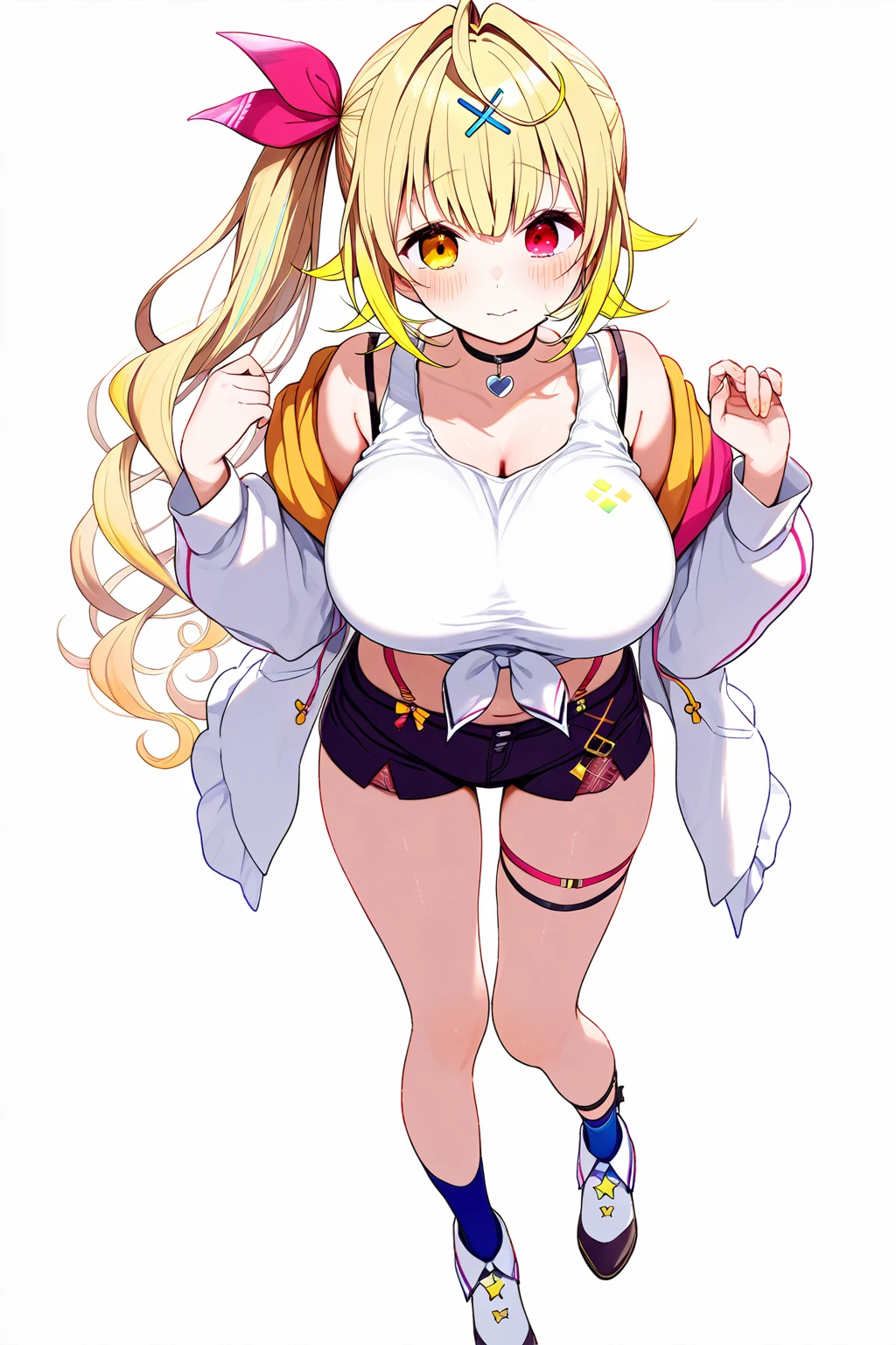(mesa:1.2), realista, foto de 18 anos、Garota de camisa branca apertada(camisa desabotoada), metade  , melhor qualidade, (seios grandes:1.2), Ombros nus, decote, Nsfw Something?, [[Hands hidden behind the back]], brincos, Camisa completa, gargantilha preta, Sozinho, [sfw]、(Mini shorts jeans danificados、perna alta)、lindas pernas、beautiful abdomen、sente uma cadeira、Olhar de umbigo