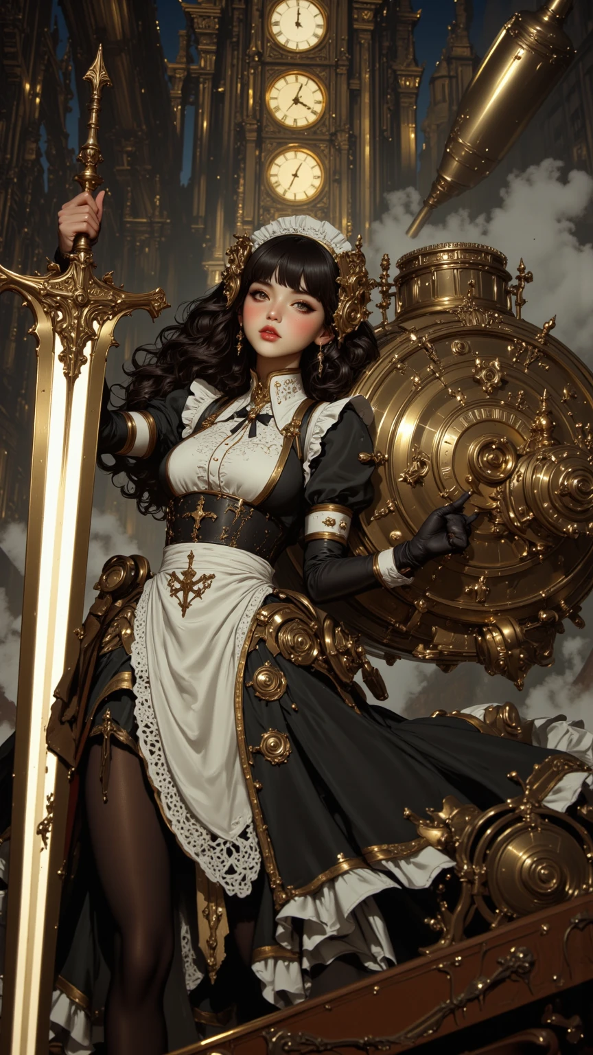 (Extremely detailed and realistic CG, masterpiece, highest quality, Very detailed), vaporpunk, St. Paul's Metropolitan Cathedral, (Best lighting, Best Shadow, Very delicate and beautiful), Dynamic Angle, Cinematic atmosphere, Exquisite metalwork, Equipment, clockwork, cigarette, vapor, Period costume, Vibrant colors, Steampunk Maid, Dynamic pose,