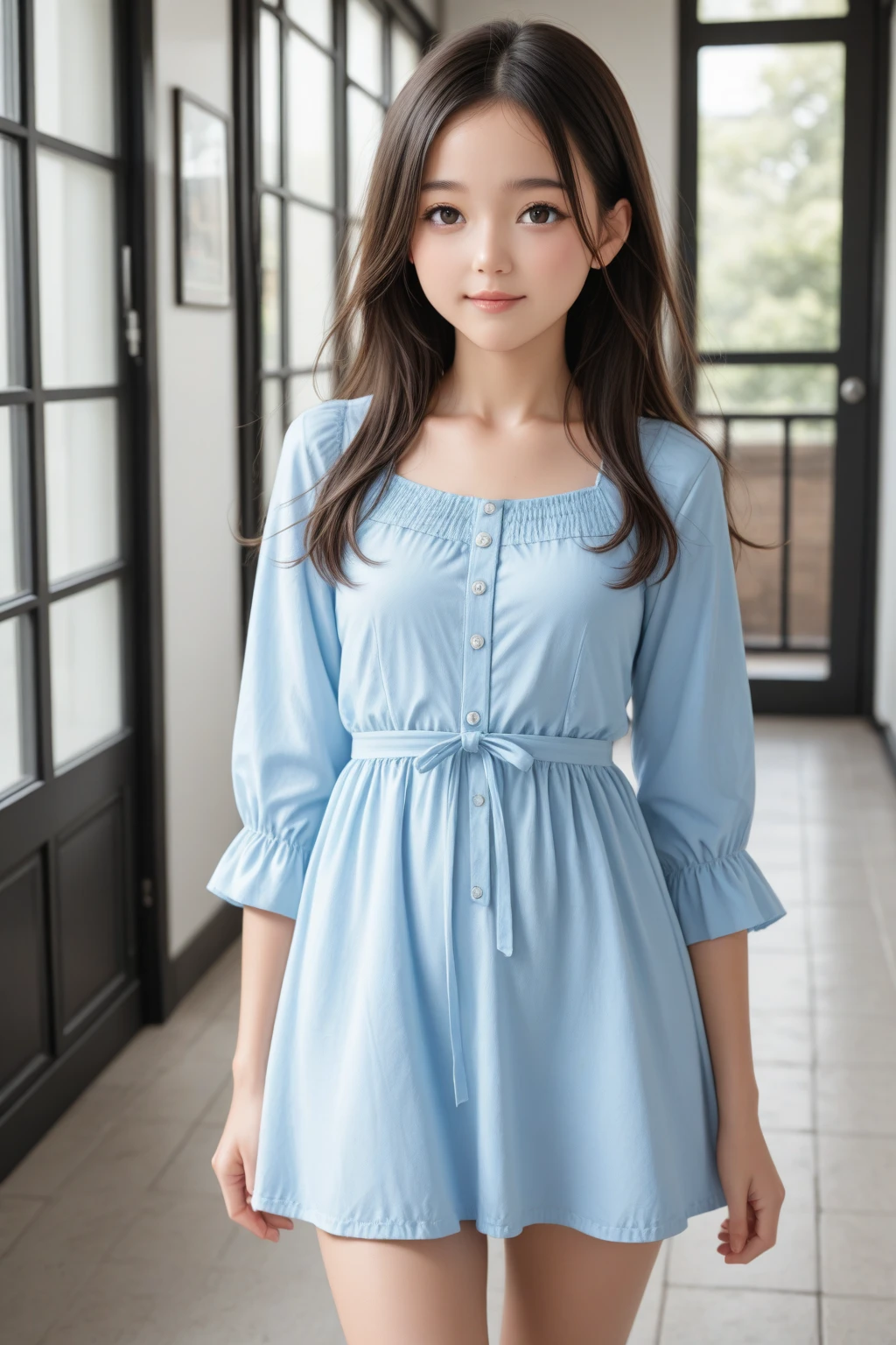 Little pretty girl、Long Hair、Natural Blonde Hair、Light blue eyes、whole body、Standing straight and facing forward、smile、Camera front、