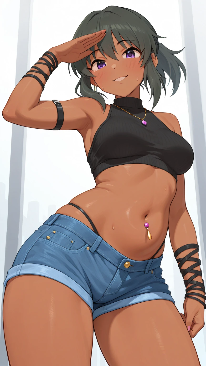 (solo:1.1),(masterpiece), (best quality:1.3), highly detailed, intricate, professional art, digital art, absurdres, confidant, emerald sustrai, futanari emerald sustrai wearing a white and green leotard with arm gloves and pants confidently in a club, (pants:1.6), 1girl, solo, (dark skin:1.5), green hair, bob hair, gold hoop earrings, gold jewellery, ab lines,(gold navel piercing:1.1), detailed stomach, red eye colour, dark skin, average breasts, (aroused:1.2), (futanari:1.1), (wide hips:1.4), (makeup 1:1), beestung lips, (black lipstick:1.3), large penis, panty straps riding hips, (crotch bulge:1.4), crotch bulge, large testicles , furniture, fontal view, universal lighting