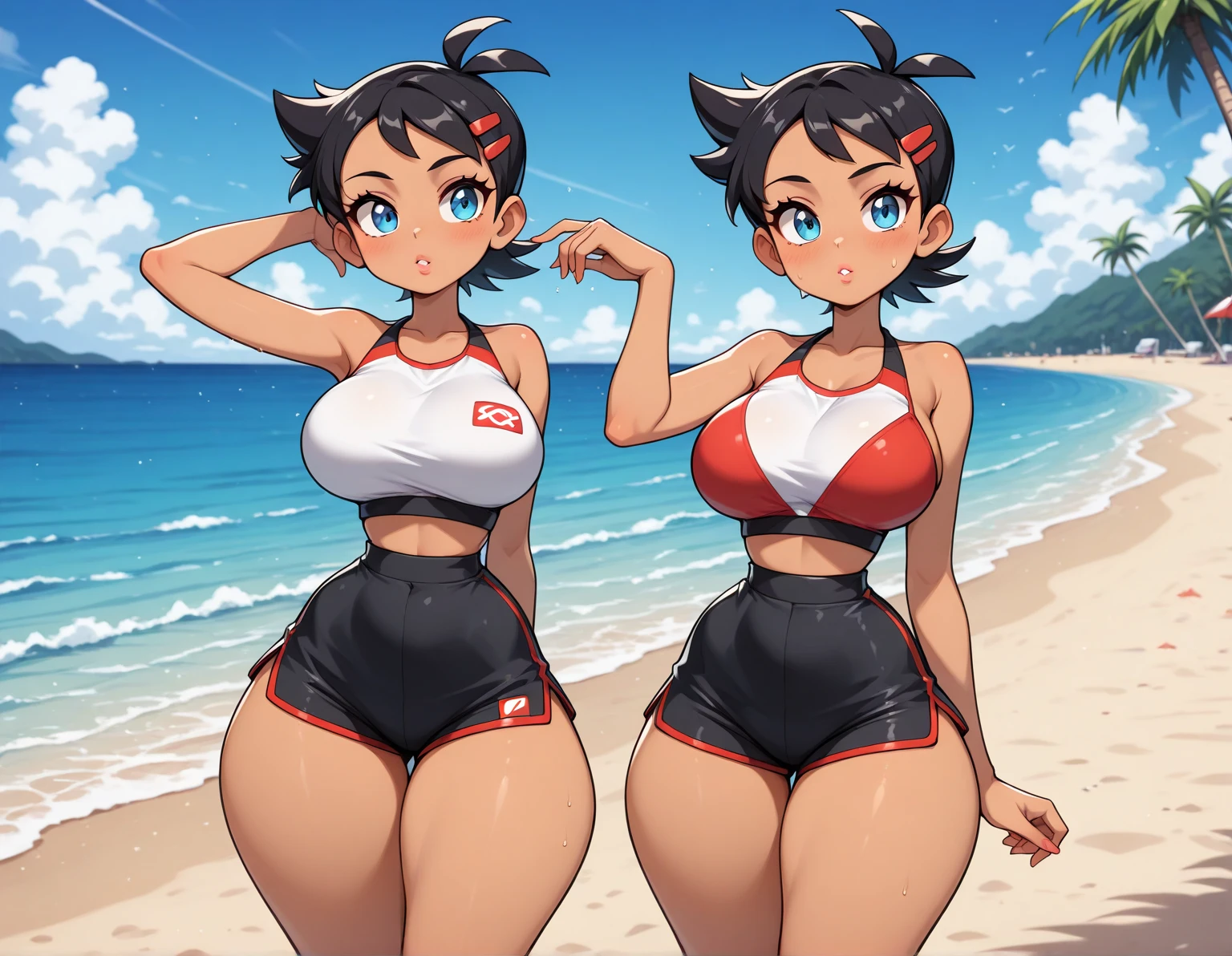 ponytail、cute、Competition swimwear、Only one breast is exposed、Wink、smile、Sexy pose、Sandy Beach、Beautiful breasts