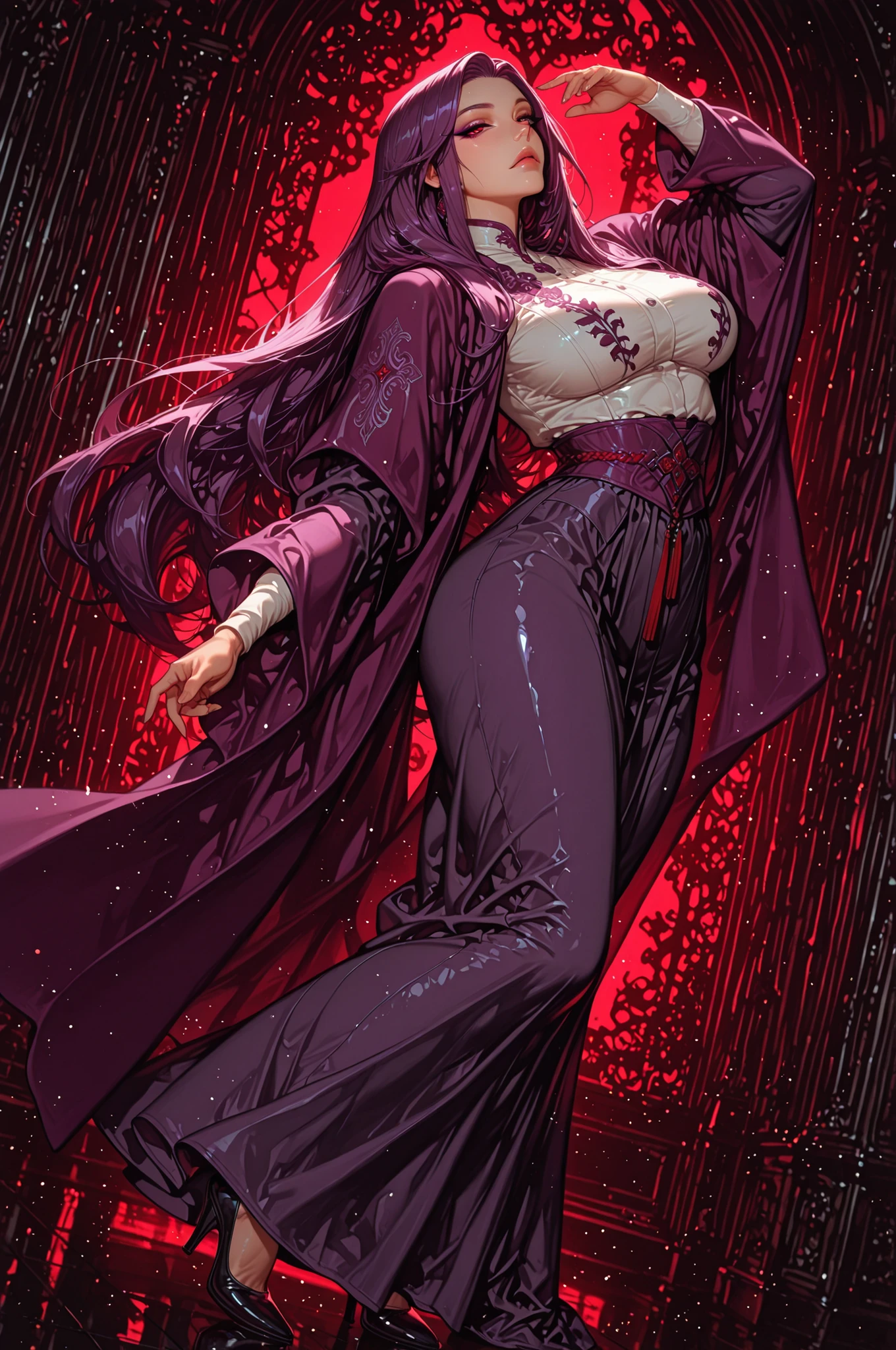 adult female, medium plus plus sized breasts, mature women, mature woman, 1girl, pinklips,calm gaze, crimson-red eyes, purple eyeliner, purple hair(eminence shade), purple robes(white embroidery), medium plus plus sized breasts, toned body, very long hair, straight hair, looking at viewer,full body, white business office background, motion blur, dynamic pose, dynamic composition, masterpiece, best quality, dynamic angle, high quality, amazing quality, very aesthetic, absurdres, newest