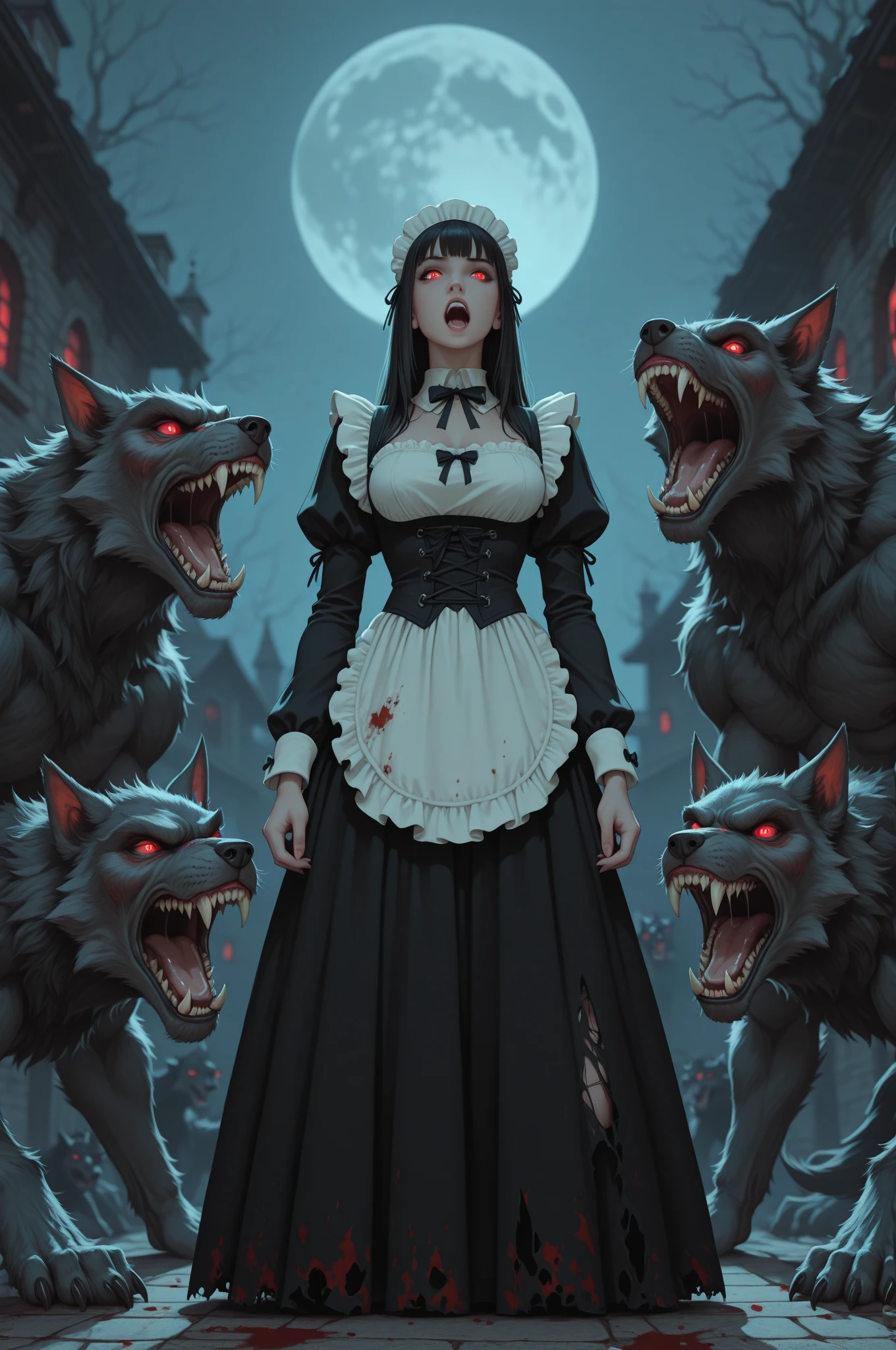 masterpiece, best quality, 8K wallpaper, HDR, octane rendering. A girl with a black pleated miniskirt with embroidery, hell gate in the background, destruction, ((Cerberus, three-headed dog, is the guard of the gate)), girl hiding behind rock, break, the girl has (Messy hair, shiny black hair:1.2), (Beautiful and detailed face with perfect symmetry), (Beautiful and detailed red eyes:1.2), (Soft lips, smile, teeth:1.2), (Body with perfect anatomy, perfect natural texture, high details , glowing skin) cinematic lighting, vivid colors, detailed illustration, depth of field, (blood effect:1.5).