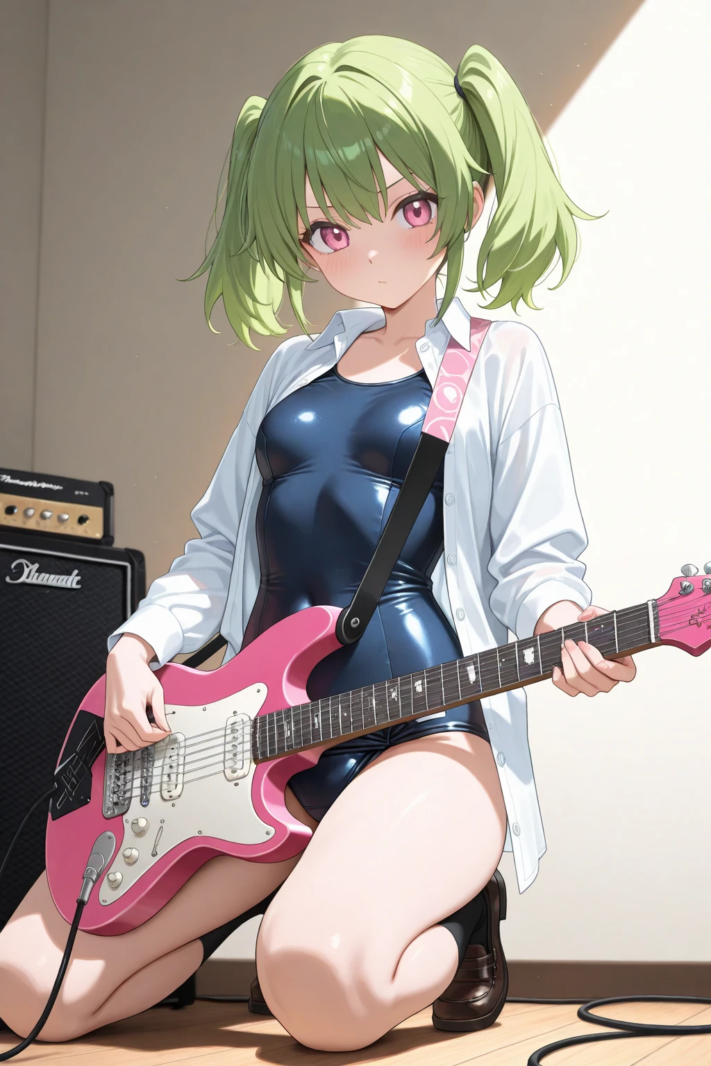 1woman, idol, bob cut, green hair, school swimsuit, live concert, guitar, swimsuit, live house