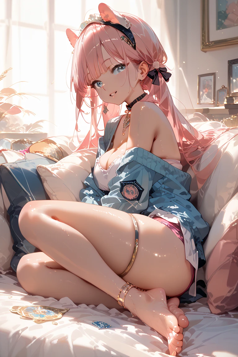 Absurdity, super detail, masterpiece, top quality, break, official art, (beautiful and aesthetic: 1.2), (watercolor: medium), break, devilish beautiful girl, beautiful girl, (cute: 1.3), 16 years old, break, colorful hair, splash, (mixed blue and pink hair: 1.2), (fractal art 1.3), break, cat ears, sexy, break, shoes, doll, break, white bikini, break, red eyes, break, sideways, watch viewer, break, plush bed, break, shy, nervous, blush, break, showa gravure, break