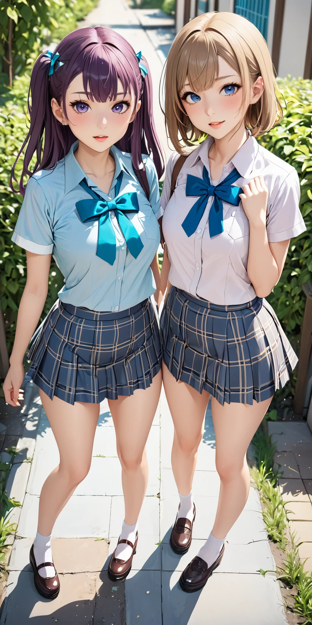 2 girls standing in wooden school classroom,plaid bra,plaid panties,bow tie,18-year-old,bangs,a little smile,thighs,knees,short hair with low pigtails,from before,front light