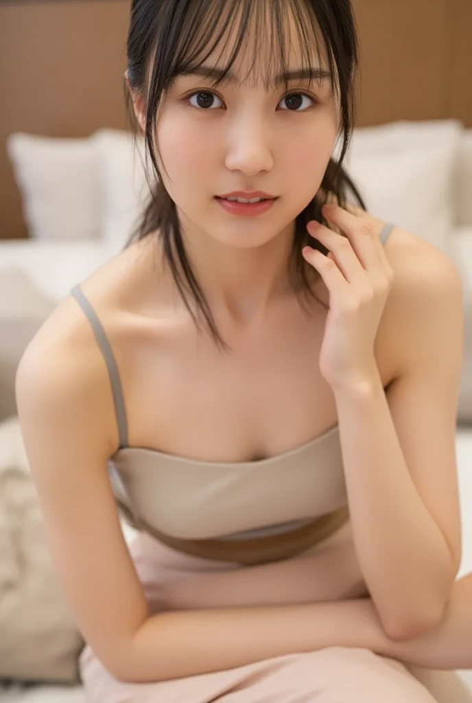 one person、short hair、cute、Straight Hair、whole body、Small breasts、On the bed、Inviting feeling、Stick your head out from under the covers、