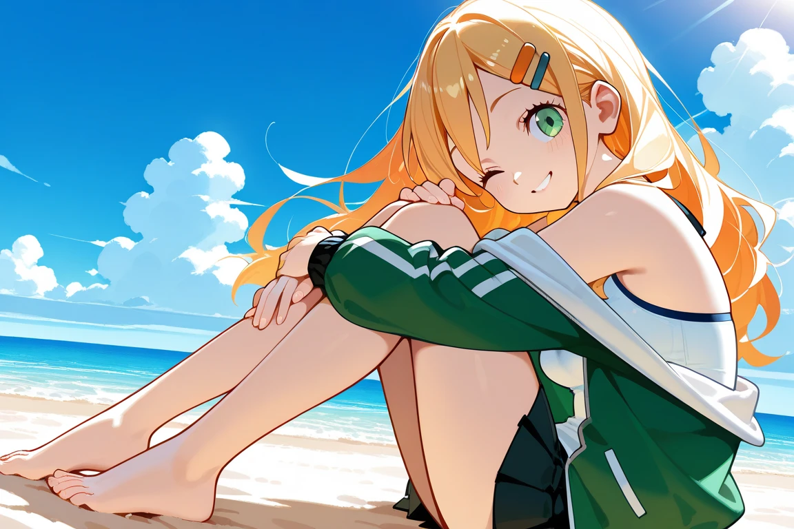 Highest quality, masterpiece, No correction, Beark, Ocean、大Ocean原、Sandy Beach、,shinosawa hiro,thin,Orange eyes,White eyelashes,Blonde,Long Hair,Hair Clip,Track jacket,Green shorts,White sneakers, Head Focus, Transparent sneakers, Open shirt,Shining expression、Dirty face、Grin、 (masterpiece:1.2, Highest quality), (Fine and beautiful eyes: 1.2), (Beautiful and dense face), (Sharp facial hair between the eyes)