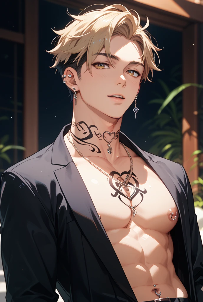 （（tmasterpiece：1.2，top Quority）），（（2 guys）），with short golden hair，eBlue eyes（handsome：1.4），white business suit，校服，Members of the royal family，Abs，Pectoral muscles A tough black knight wearing only a tong，with short black hair，Golden eyes，scar across right eye，Black armor，fanciful，ln the forest，flowers in full bloom，rays of sunshine，Fantastic light and shadow，scenecy，Highly detailed face，sportrait，ssmile，Abs，chest muscle，Only thongs were worn
