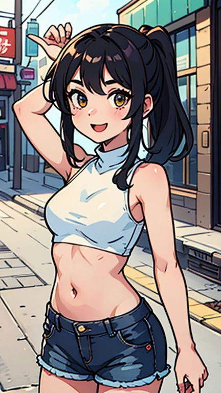 ((masterpiece、Highest quality、Very detailed))、One girl、Black Hair、Long Hair、straighthair、((hair over one eye))、Grey Eyes、evil smile、((Grin))、((lots of piercing))、((Small breasts))、((White T-shirt))、((denim short shorts))、Cowboy Shot、((bent over))、Park Background