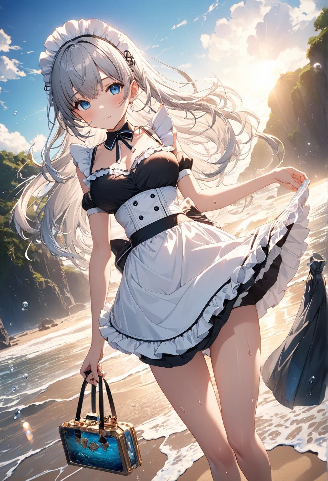 1 girl,Medium breasts,Looking at the audience, Smile, Sky,ocean, Swollen nipples,maid outfit