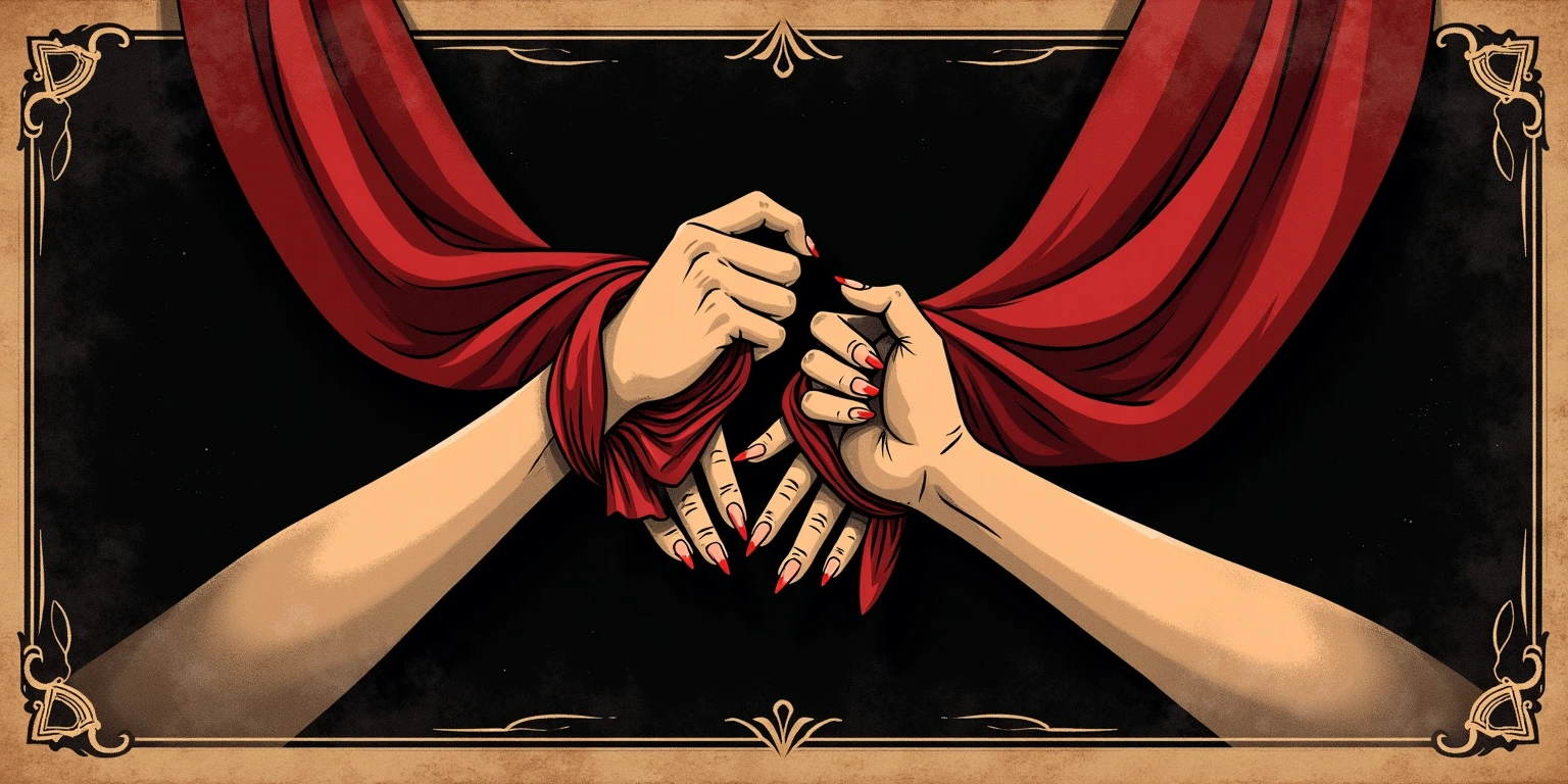 two hands together holding a bandaged male hand and a female hand, on a red forest background