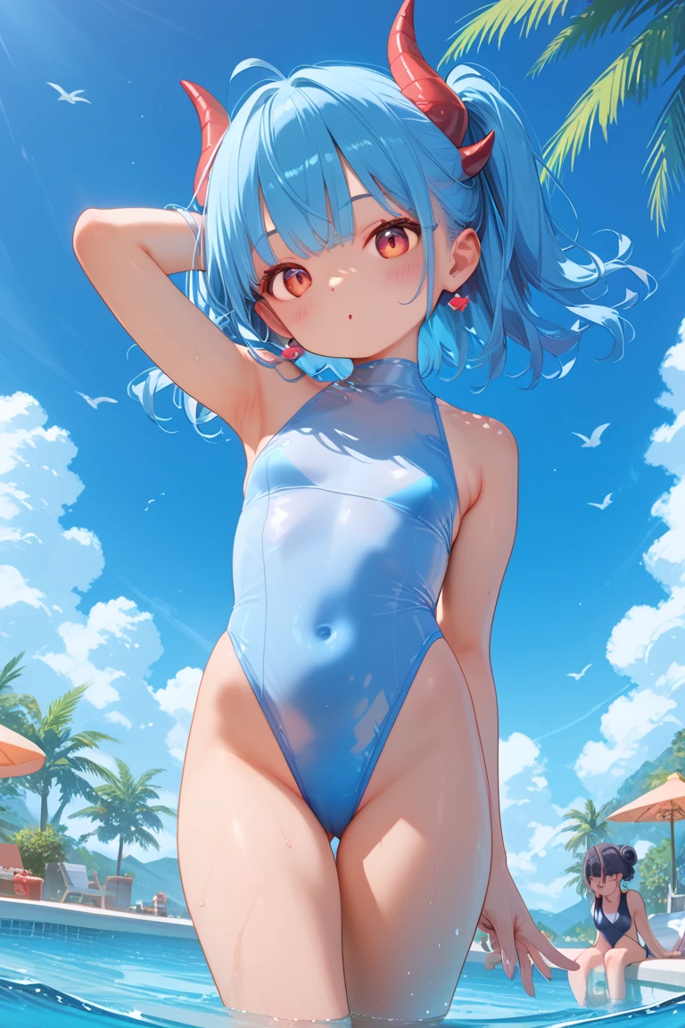 1 girl、Rem、Re:zero、blue hair、short hair、 super fine illustration、美しいseductive anime girl、Super detailed、smile、beautiful bluish eyes、beautiful proportions、gentle expression、seductive anime girl、Glossy skin、Transparent sex、swimsuit、strong sunlight、seaside,vest line,red school swimsuit , High leg, ???