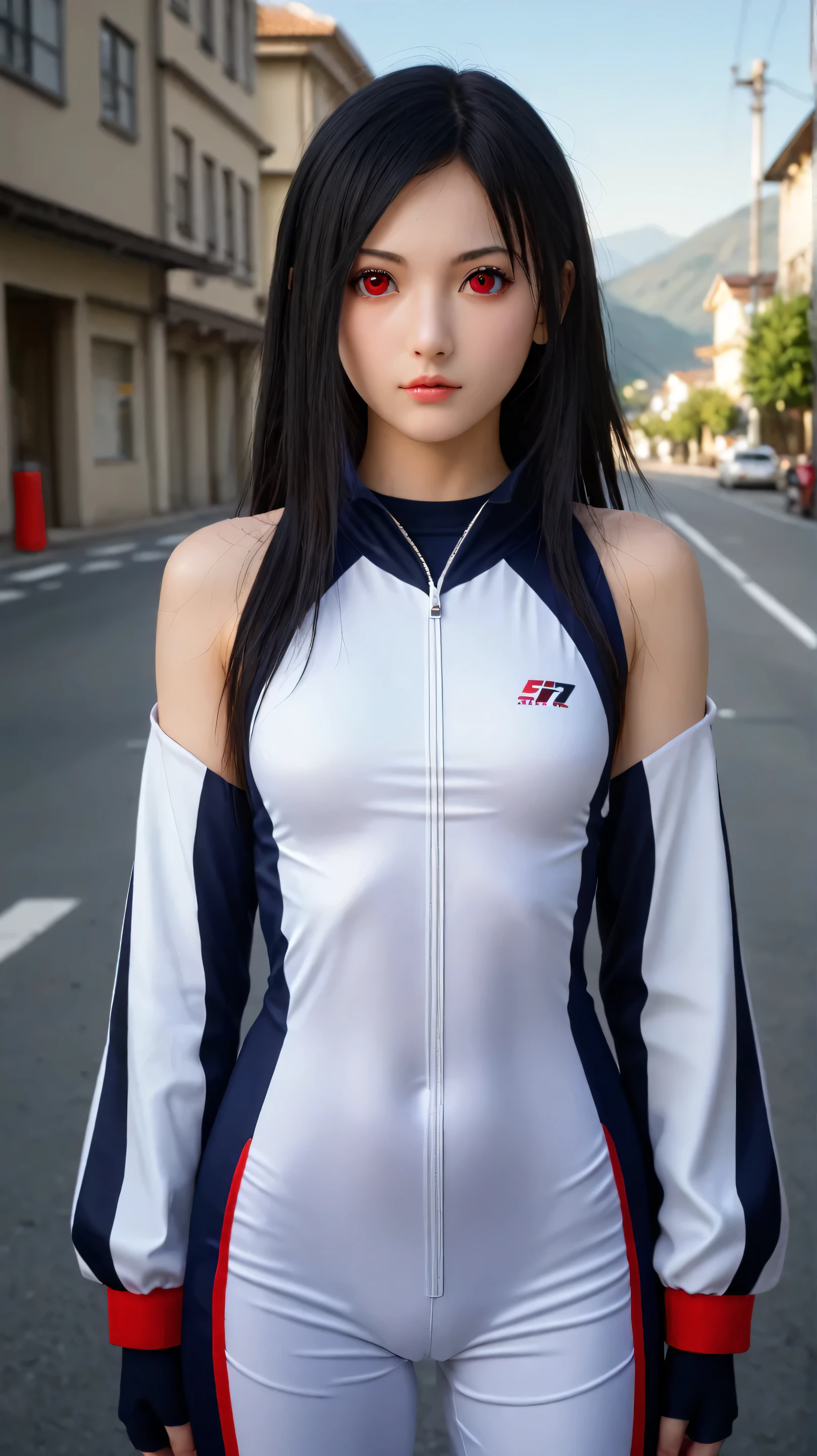 1girl, solo,hikari uchiha,black hair,long hair,outdoors,potrait,(racing suit:1.5),small breast,mountain background,red eyes,street background,(standing on street:1.5),(close up:1.3),(front view), looking at viewer,sports bra,bare shoulders, navel