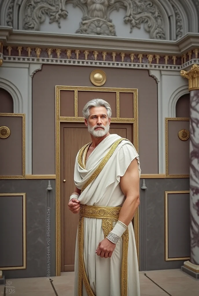 solo, 1boy, Huge Muscular plump handsome uncle, sitting on the stairs, bulky, nerdy,  short crew cut hair, ( gray hair : 1.4), closed eyes, frown, very very short beard, wearing white ancient greek traditional clothing,  inside of greek temple, masterpiece,  high detailed, 8k, high resolution, 