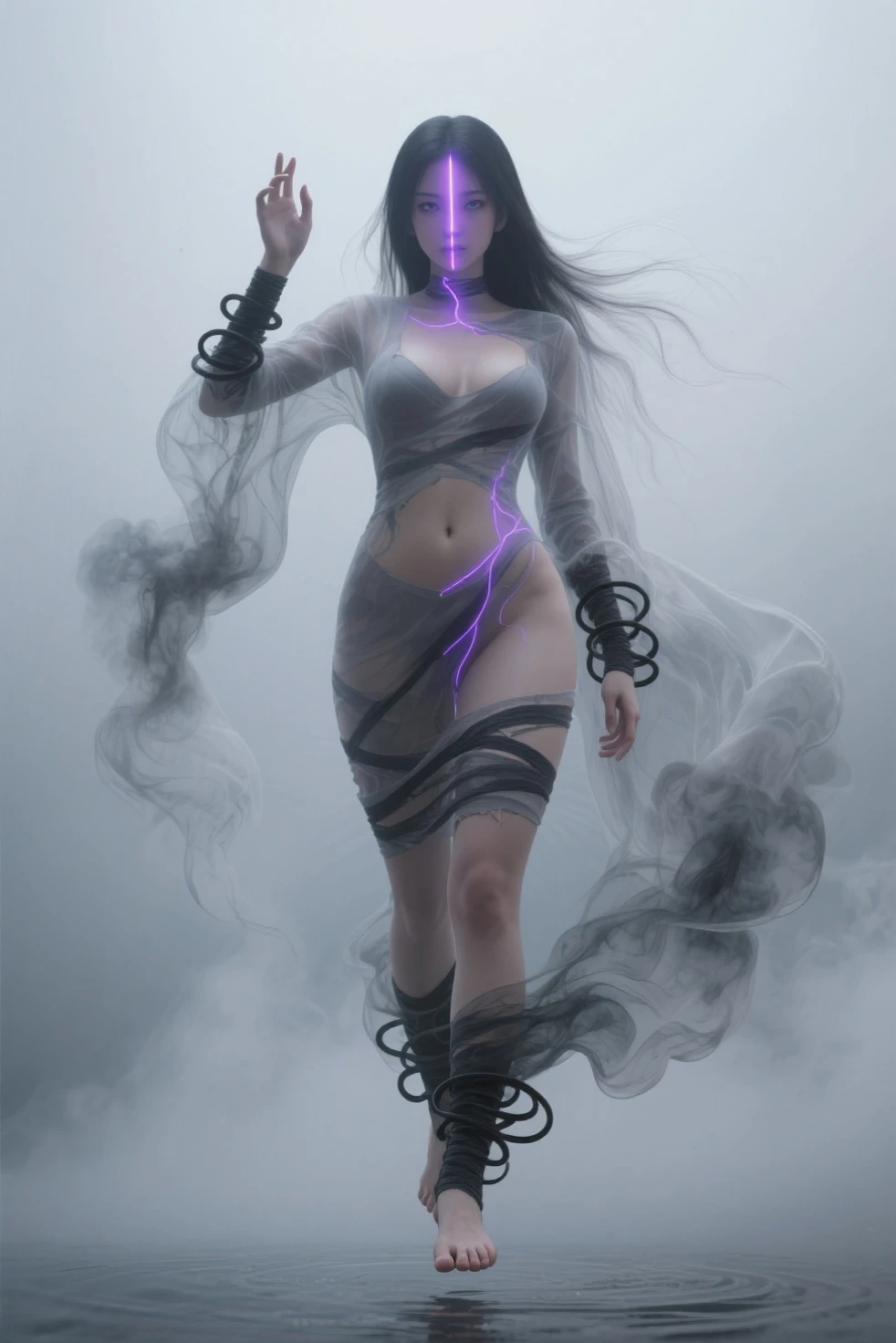 FlyingBolt, grey skin, covered eyes, smile, fingernails, white bandages, bandaged leg, barefoot, navel, white bandage hoodie, 1girl, solo, facing viewer