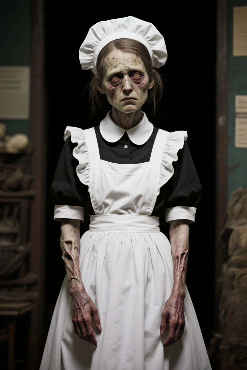 (Nightmare.Silent Hill Hospital Alchemilla Puppet Nurse) Best quality, masterpiece: 1.2) evil, creepy scary, dark scary, sepia, grainy, creepy setting. Something frightening, mystical lighting, darkness, drama. Morning light pours through the window. ((Best quality)), ((masterpiece)) (detail), 8K, raw photo, glamor shot, cinematic.
