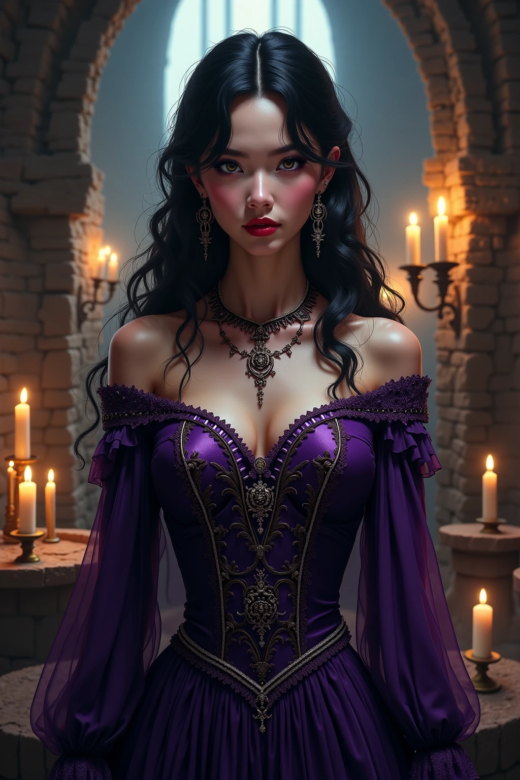 masterpiece, highest quality, details, brown Latin woman, vampire, fangs in open mouth with blood, purple dress, long brown hair, dark brown skin, full body, modern, in a dungeon, game character, realistic, gothic