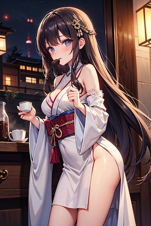 (masutepiece,Best Quality,8K),(extremely detailed CG1.1),teens girl,Smile,large boob,(From below:1.2),Intricate details , Hyper realistic, Perfect Anatomy,A dark-haired,Red Eyes,(((Forehead))),Permed hair with wavy hair,(((length hair))),Hair over one eye,hair slicked back,(((Standing))),Full body,Maid costume,blush,Happy smile,Old restaurant,Looking at Viewer