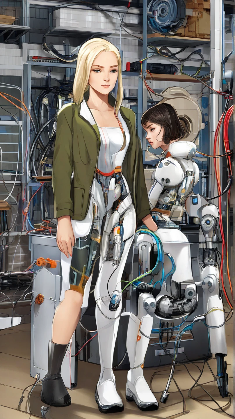 three female android, positioned slightly off-center to the left of the image, stands in a workshop setting.  they were young adult, light-skinned, with light blonde and black hair styled in waves. tHeir expression is neutral and pleasant, with a slight smile. The android's body is articulated and visible mechanical parts and veins are detailed throughout. they wears a simple white strapless top and black shorts. their bodies is proportionally androgynous and toned. The android is standing erect and gazing directly at the viewer. The workshop, with various tools, wires, and metal parts scattered on a light wooden workbench and floor. A male in a white lab coat, positioned on the right side of the image, is observing the android. The style is highly detail. Red lines throughout the body resemble blood vessels