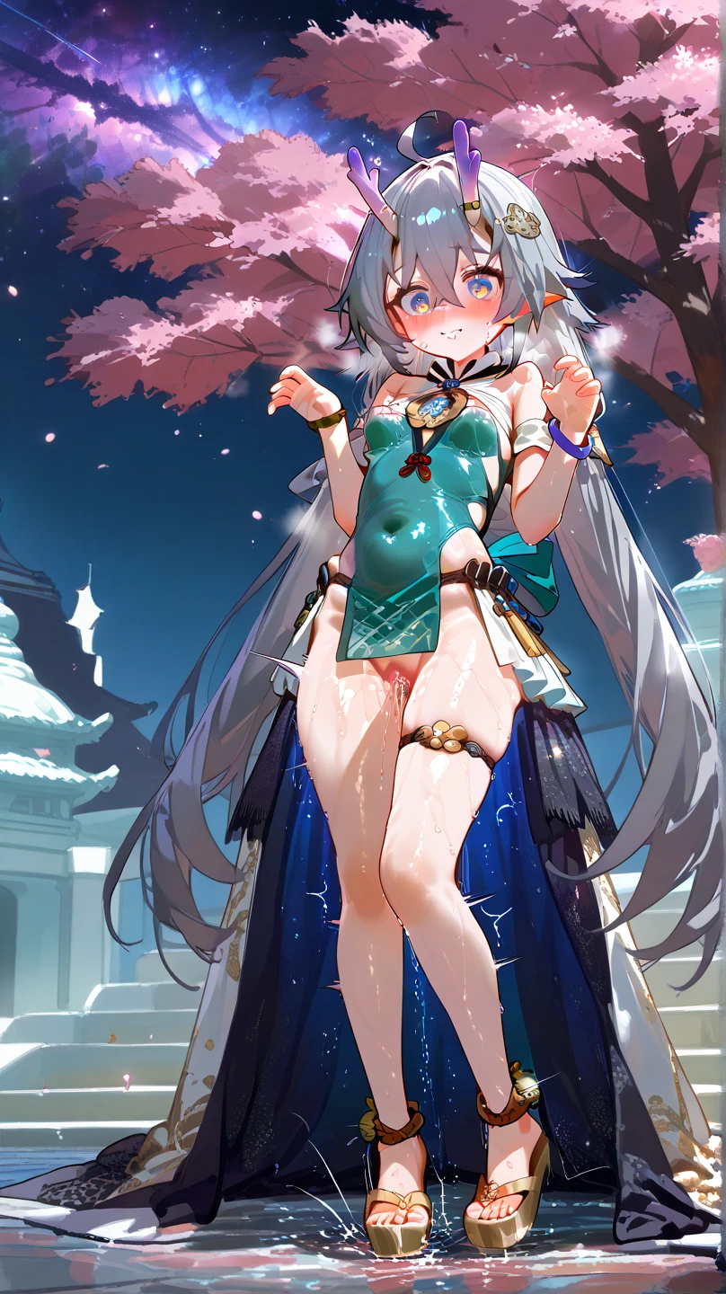masterpiece,best quality,highres,ultra-detailed,(facing_viewer:1.1),solo,1girl,small breasts,standing,outdoors,garden,cherry blossom,trees,cowboy shot,firefly,black hairband,long hair,grey hair,jacket,orange neckerchief,thighhighs,(((no pants,underwear,panties,green panties,white_panties))),(small_mouth,little_smile,closed_mouth),bowleg