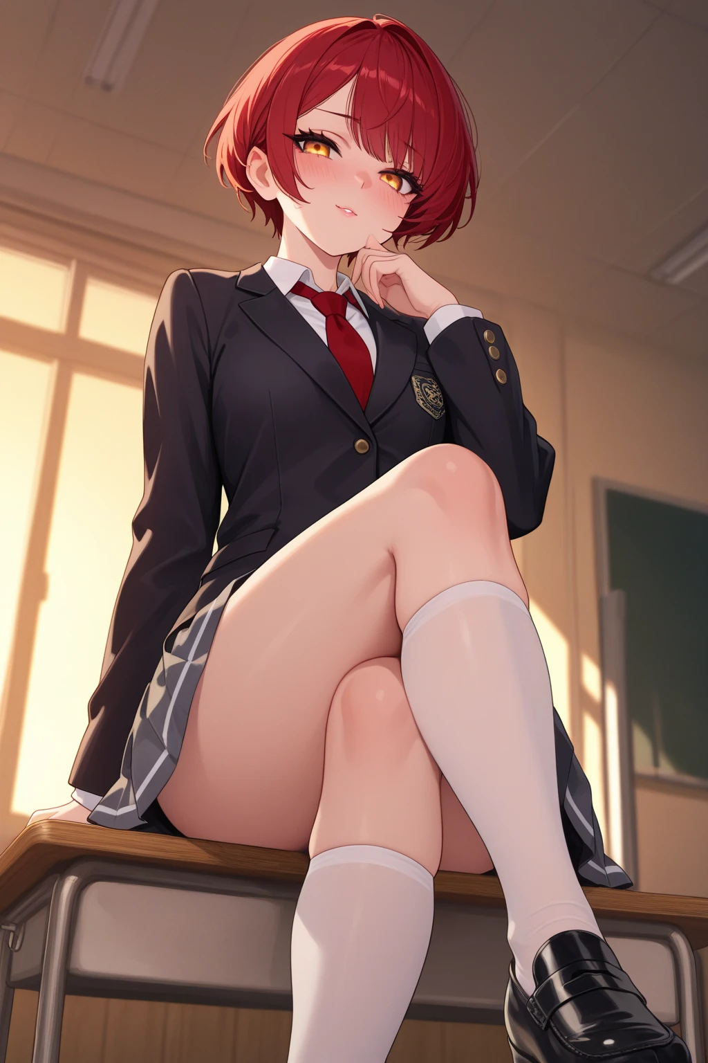 Sakura Haruno, (agarra el:1.6), Sentado en un escritorio en una silla, Visit, Cuerda G rosa, Cuerda G gruesa detallada, (Calcetines largos), de doble cola, Black and red high school girl uniform, Crass room, Visit, sonrisa suave, falda, smug face, sentada, (con el culo desnudo:1.3)