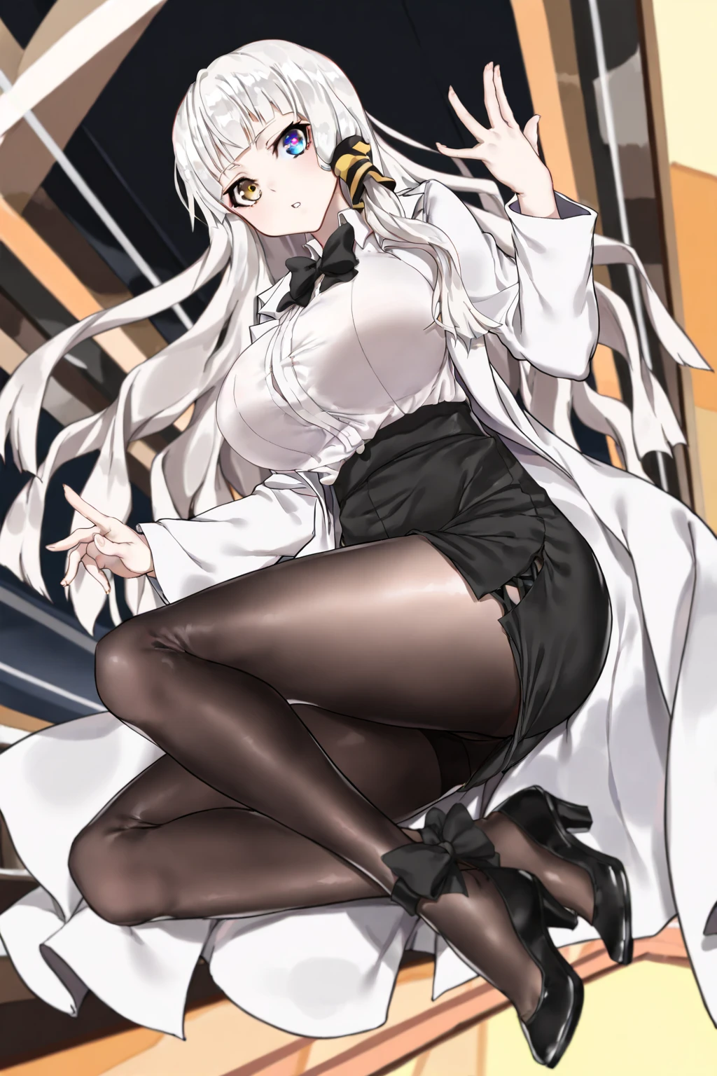 1girl, ultra high res, lowest angle , looking down at viewer, large chest, playboy bunny, blackstocking, smile ,raise leg, feet